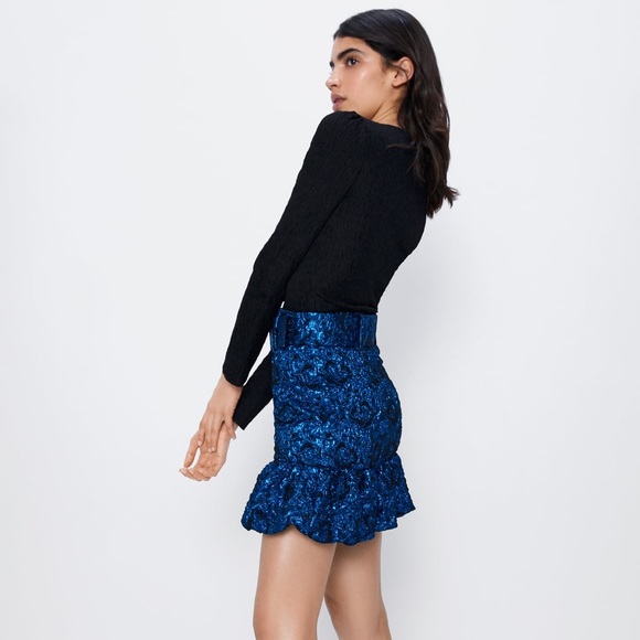 Zara BELTED MINI SKIRT WITH VOLUMINOUS HEM Blue BN - Picture 8 of 8